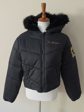 True Religion  Jet Black Chevron Fur Black Puffer Jacket Brand New Full Zip